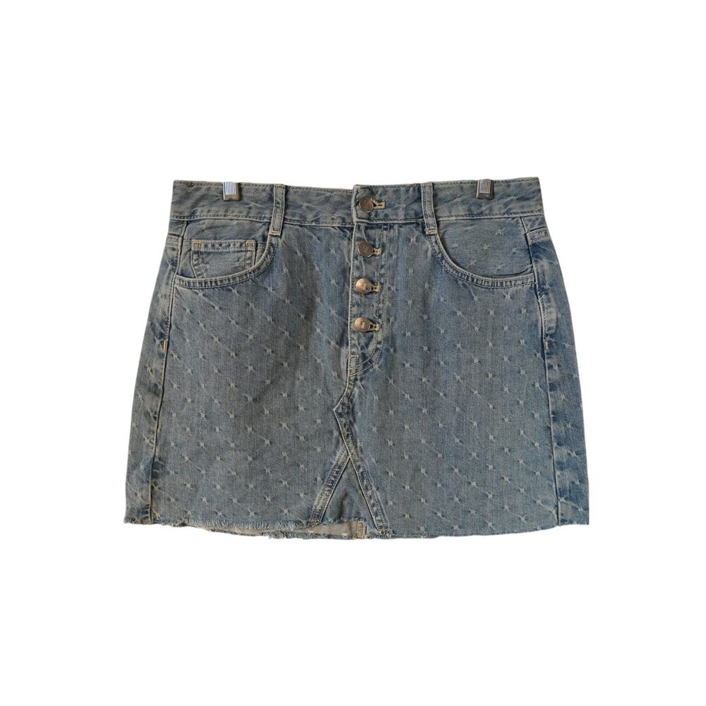Pilcro Anthropologie Clip Dot Denim Mini Skirt Exposed Button Fly Light Wash 6 8